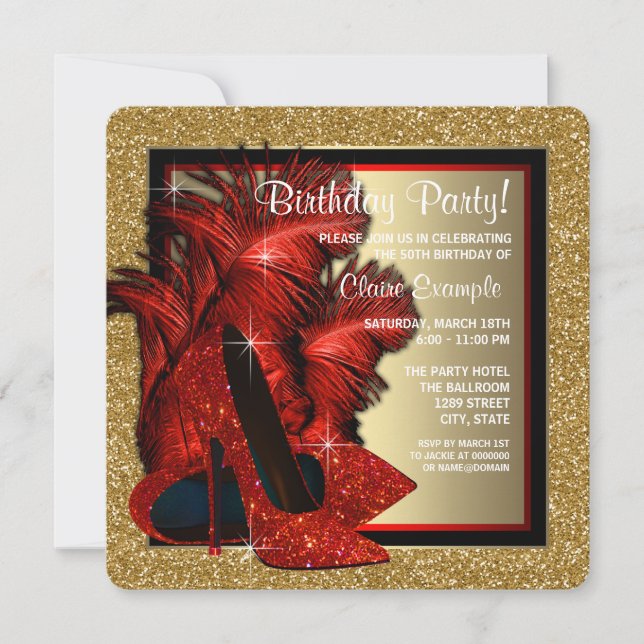 Red and Gold High Heels Birthday Party Invitation (Front)
