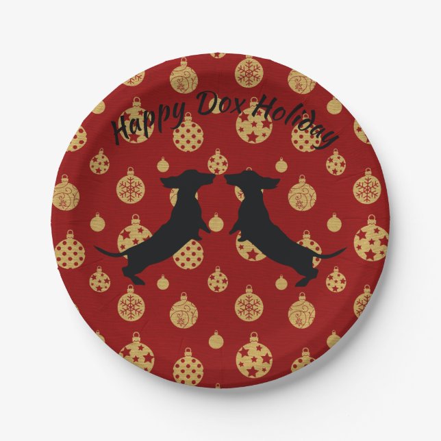 Red and Gold Holiday Dachshund Paper Plates (Front)