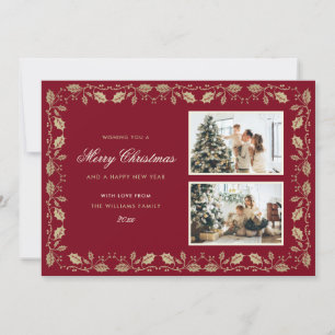 Red and Gold Holly Photo Holiday Card