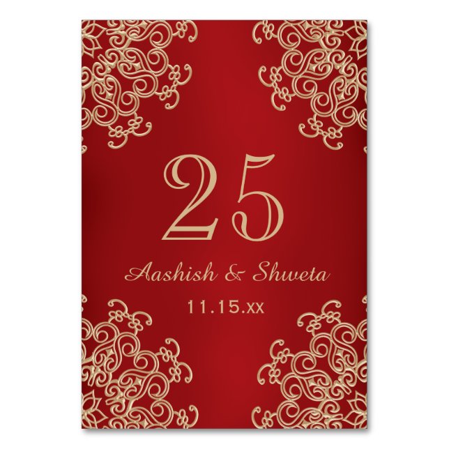 Red and Gold Indian Style Wedding Number Table Number (Back)