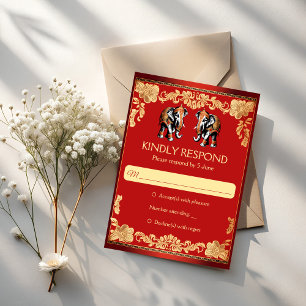 Red and gold Indian wedding elephants RSVP Card