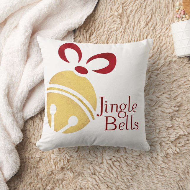 Red and Gold Jingle Bells Fun Add Name Christmas Throw Pillow (Blanket)