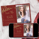 Red and Gold Leaf with Calligraphy and Photo Save The Date<br><div class="desc">Elegant Gold Leaf and Red Save the Date with your own photo and ornate hand lettered calligraphy. The template is set up for you to upload a picture of the quince and personalize with your celebration date. The design has fine line drawn leaves and solid gold leaf foliage with confetti....</div>