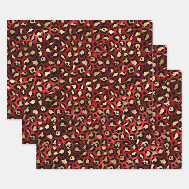 Red and Gold Leopard Print Wrapping Paper Sheet (Set)