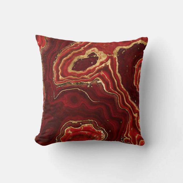 Red and gold Liquid Marble Abstract Throw Pillow (Front)