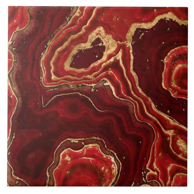 Red and gold Liquid Marble Abstract Tile (Front)