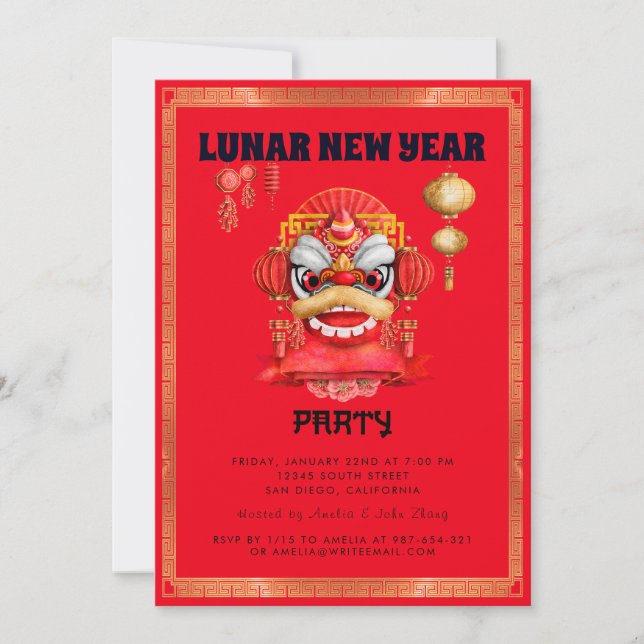 Red and Gold Lunar New Year Party Invitation (Front)