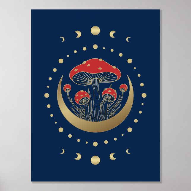 Red And Gold Magic Mushroom, Crescent Moon On Blue Foil Prints (Front)