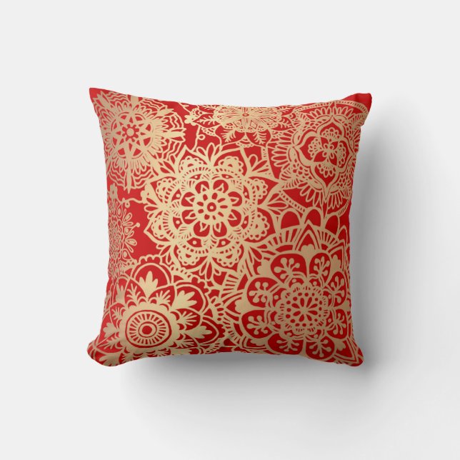 Red and Gold Mandala Pattern Throw Pillow (Front)