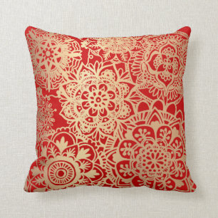 Red and Gold Mandala Pattern Throw Pillow