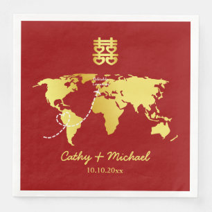 Red and gold map destination chinese wedding napkin