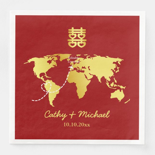 Red and gold map destination chinese wedding napkin (Front)