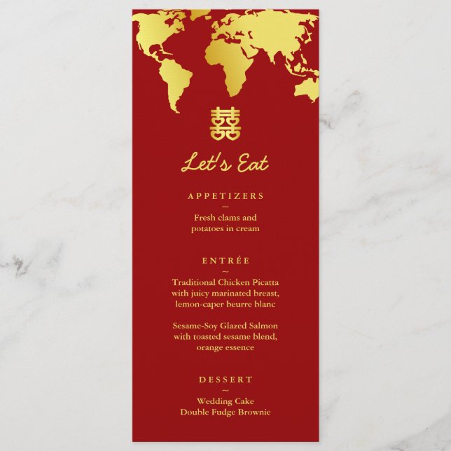 Red and gold map destination wedding menu (Front)