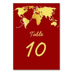 Red and gold map destination wedding  table number