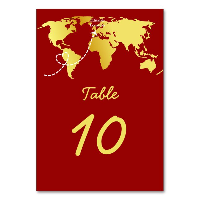 Red and gold map destination wedding  table number (Front)