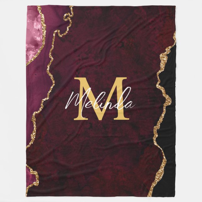 Red and Gold Marble Agate Fleece Blanket (Front)
