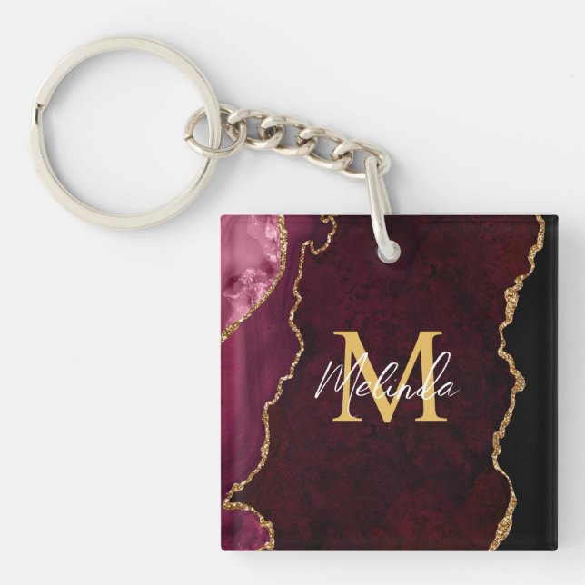Red and Gold Marble Agate Keychain (Front)