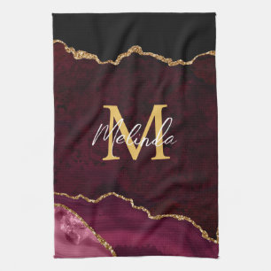 Red and Gold Marble Agate Kitchen Towel