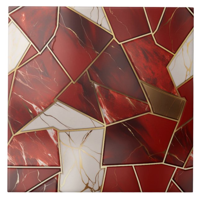 Red and Gold Marble, Crystal Cubism Pattern Tile (Front)