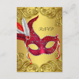 Red and Gold Masquerade Party RSVP Card