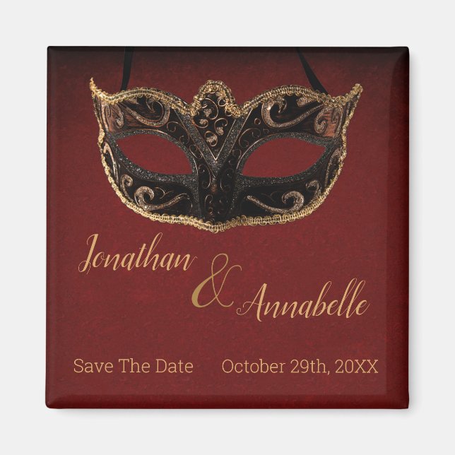 Red and Gold Masquerade Save The Date Magnet (Front)