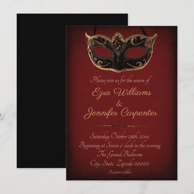 Red and Gold Masquerade Wedding Invitation (Front/Back)
