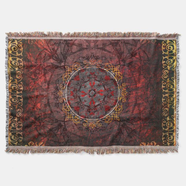 Red and Gold Medieval Tapestry Throw Blanket (Front)