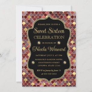 Red and Gold Mermaid Scales Frame Sweet 16 Invitation