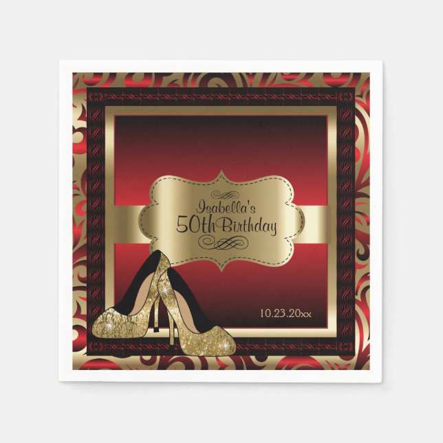 Red and Gold Metallic - 50th Birthday  | DIY Text Napkin (Front)