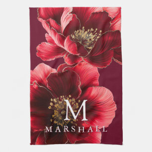 Red And Gold Modern Floral Monogram Family Name Kitchen Towel
