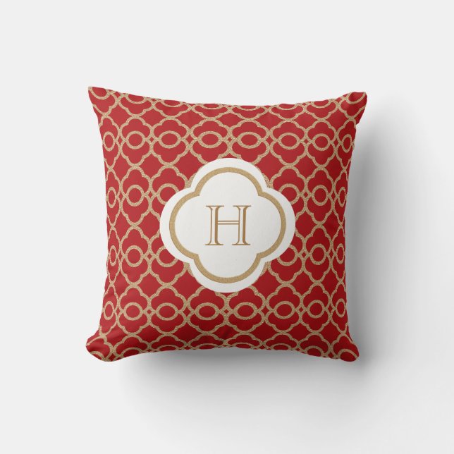 Red and Gold Moroccan Monogram Throw Pillow (Front)