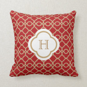 Red and Gold Moroccan Monogram Throw Pillow