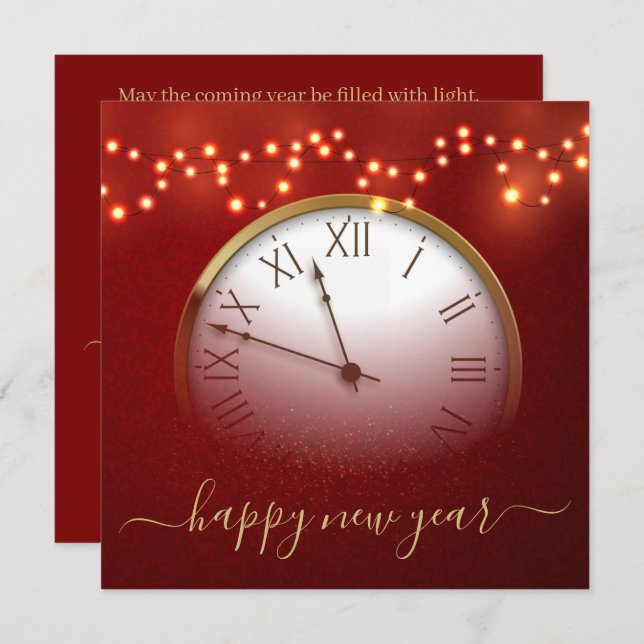 Red and Gold New Year’s Card with Midnight Clock (Front/Back)