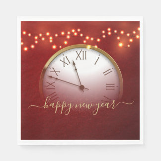 Red and Gold New Year’s Card with Midnight Clock Napkin