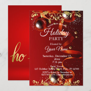 Red and Gold Ornament Party Christmas Invitation