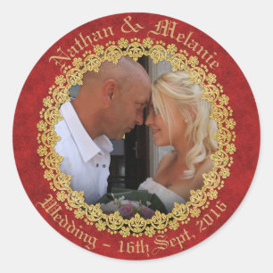 Red and Gold Ornate Custom Photo Classic Round Sticker