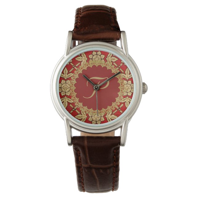 Red and Gold Ornate Monogram Watch (Front)