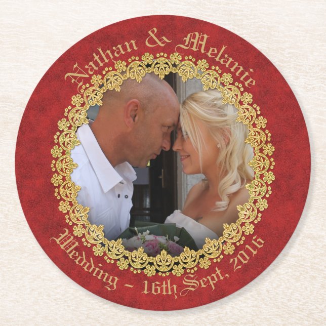 Red and Gold Ornate Round Paper Coaster (Front)