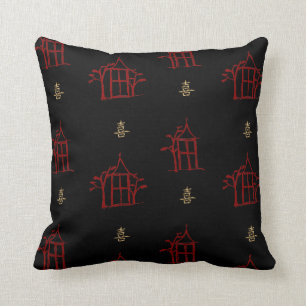 Red and Gold Pagodas Chinoiserie Throw Pillow