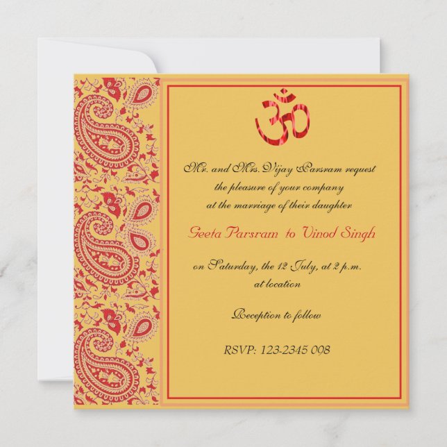 Red and Gold paisley Hindu wedding Invitation (Front)