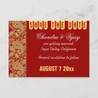 Red and gold paisley Save the date wedding