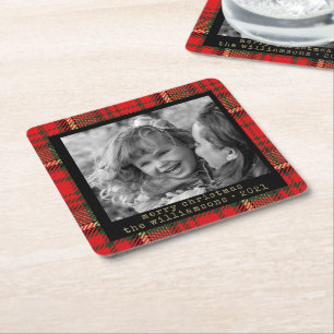 Red and Gold Plaid Family Photo Christmas  Square Paper Coaster