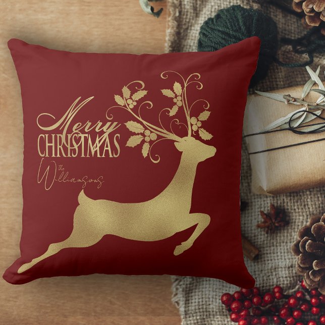 Red And Gold Plaid Merry Christmas Couch Throw Pillow (Cristmas pillows, retro Christmas personalized throw pillows holiday decor for living room)