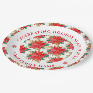 Red and gold poinsettia pattern paper plate