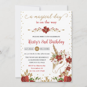 Red and Gold Poinsettia Unicorn Face Birthday Invitation