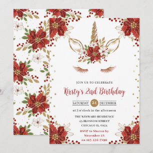 Red and Gold Poinsettia Unicorn Face Birthday Invitation