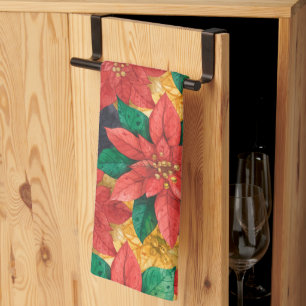 Red and Gold Poinsettias Holiday Christmas Kitchen Towel