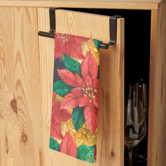 Red and Gold Poinsettias Holiday Christmas Kitchen Towel (Thirds Fold)