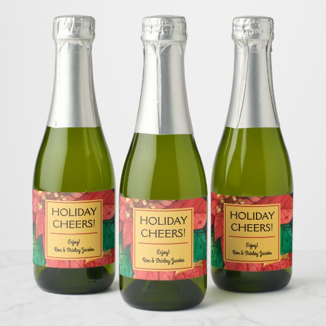 Red and Gold Poinsettias Holiday Christmas Mini Sparkling Wine Label (Bottles)