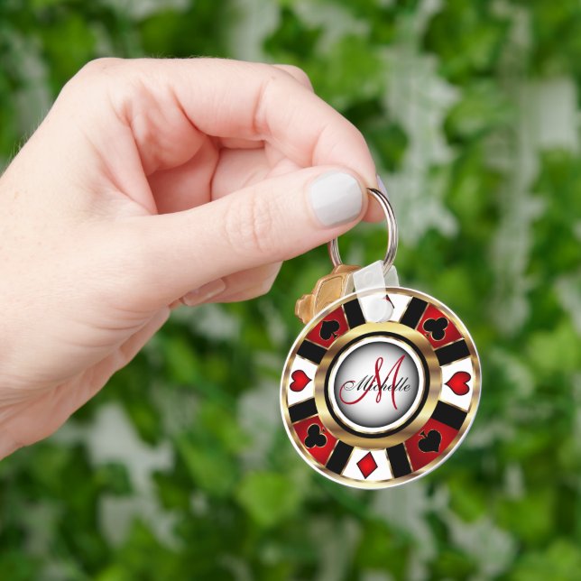 Red and Gold Poker Chip Design - Monogram Keychain (Hand)